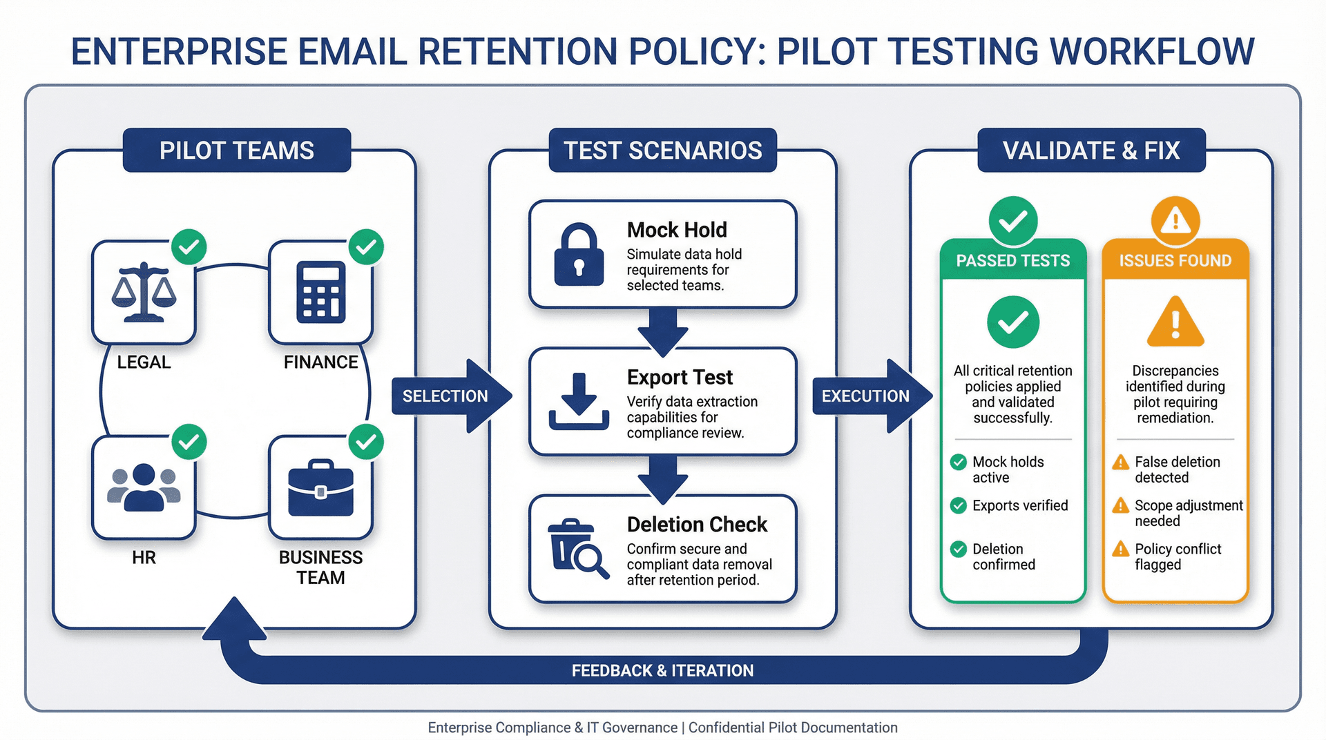 Email retention policy pilot testing workflow showing cross-functional validation with legal, finance, HR, and business teams